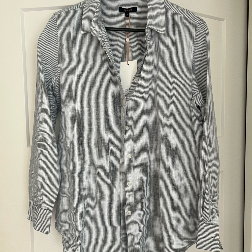 Quince Women's Linen Striped Button Down Shirt - Gray/white